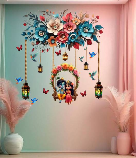 TheBlackstone 70 cm 70 cm Radha Krishna Swing Floral Wall Sticker Self Adhesive Sticker (Pack of 1) Self Adhesive Sticker