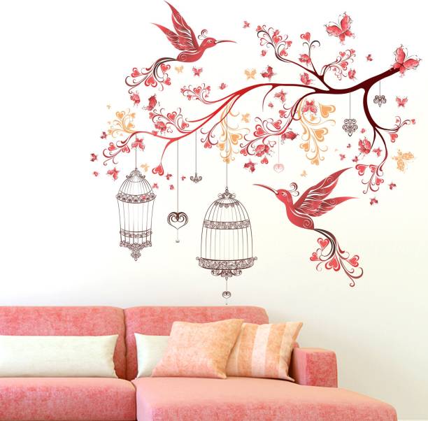 Flipkart SmartBuy 100 cm Wall Floral Branch Red Birds Butterflies & Lamps For Bedroom Self Adhesive Sticker