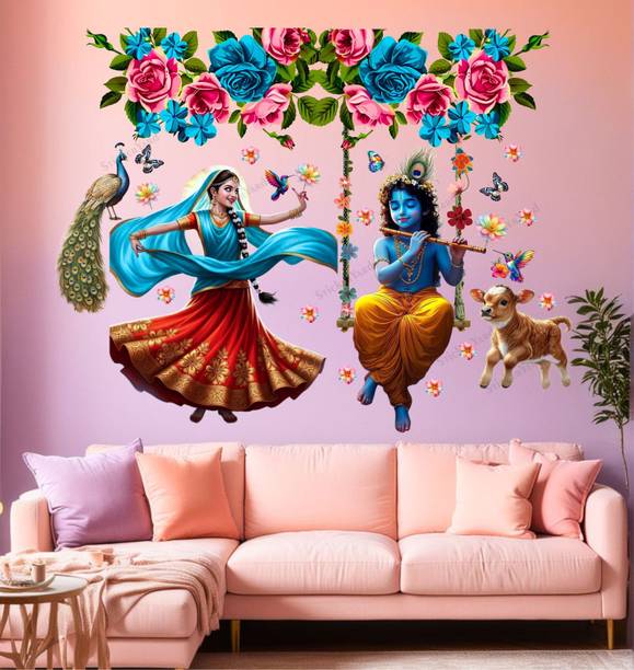 WallHunt 76 cm Flute Krishna Ji Radha Ji Art Design Wall Sticker Big Size Room Walls Home Decor Self Adhesive Sticker
