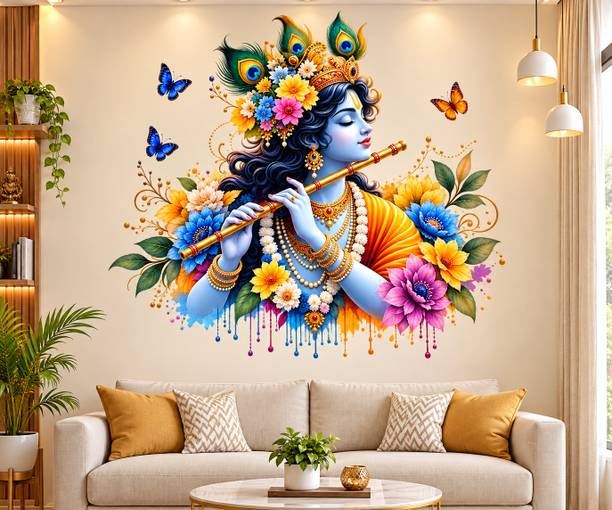 Divine studio 65 cm Lord Krishna Flute Wall Sticker|Radha Krishna Decorative-65.3 x 61 cm Self Adhesive Sticker
