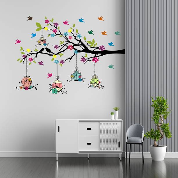 DUNADA EXPRESS 127 cm Colorful Birdcage On Tree Branches - Flower- Sticker Self Adhesive Sticker