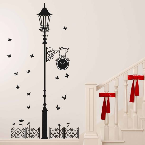 Aquire 100 cm Wall Stickers Black Antique Street Lamp with Butterflies Self Adhesive Sticker