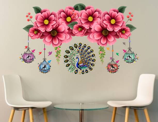 ENEMYSTICKERS 101 cm Peacock with Pink Flowers & Hanging Lamps PVC Vinyl Home Decor (101 x 61 cm) Self Adhesive Sticker