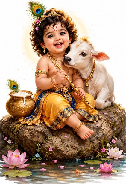 anagha 18 inch Cute Baby Krishna with Cow Calf Premium Transparent Vinyl Wall Sticker Self Adhesive Sticker