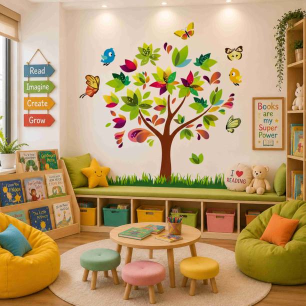 MintAura 100 cm Colorful Tree Wall Sticker with Birds & Butterflies Self Adhesive Sticker