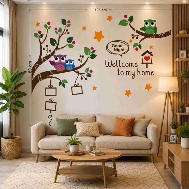 MintAura 105 cm Family Tree Wall Sticker with Cute Owls & Welcome to My Home Quote Self Adhesive Sticker