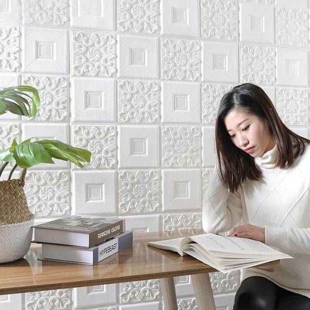 Onbet 70 cm 3D White Flower Wallpaper for Wall PE Foam Wall Stickers (70 x 70cm) Self Adhesive Sticker