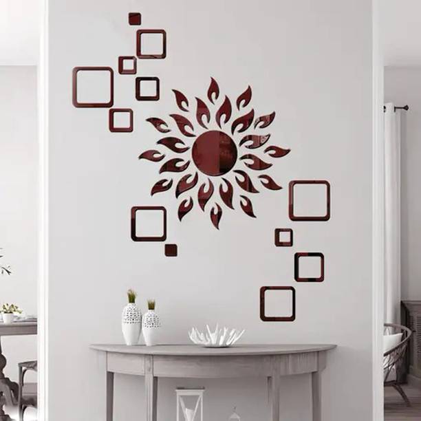wall1ders 60 cm Sun Golden With 12 Square Brown Self Adhesive Sticker