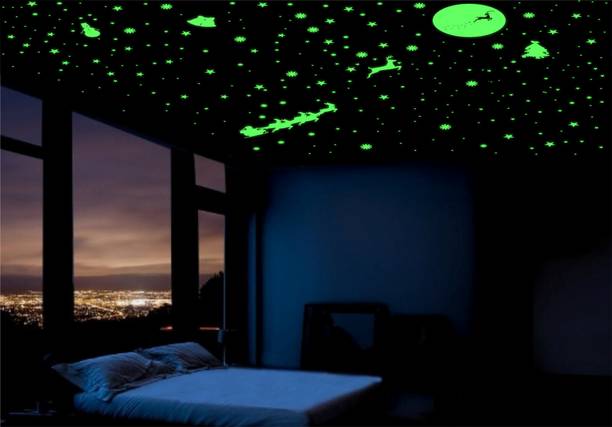 DreamKraft 25 cm Glow in the Dark Stickers Set - Deer on Moon and Santa Claus for Festive Holiday Self Adhesive Sticker