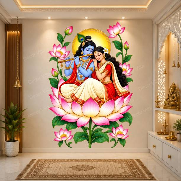 Decor Villa 58 cm Radha Krishna On Lotus Flower Self Adhesive Wall sticker Removable Sticker