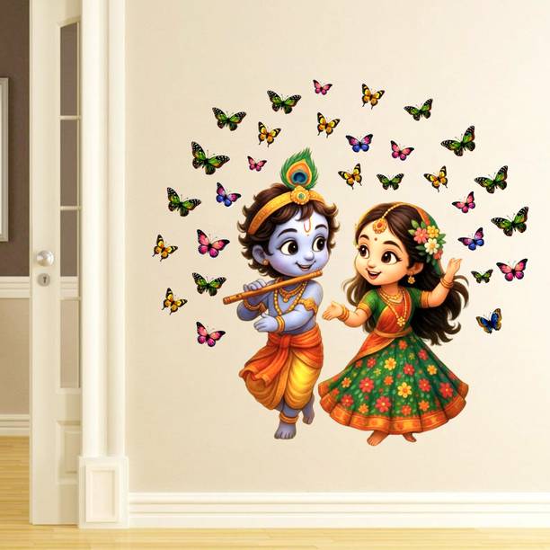 Krishna Sticker 63 cm Little Radha krishna and butterfly wall Sticker For Kids room bedroom Self Adhesive Sticker