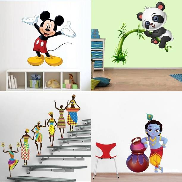 GharKraft 49 cm Combo of 4 Wall Sticker Cute Mickey Mouse-(51 X 50 Cms) Reusable Sticker