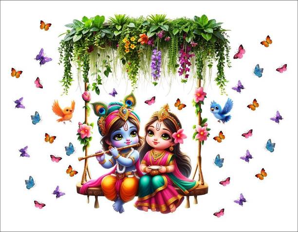 STICKER STUDIO 51 inch Religious Little Radha Krishna with butterflies and birds Wall Sticker Self Adhesive Sticker