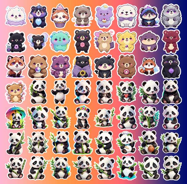 Decor vibe 3.62 cm Cute Panda & Bear Cartoon Vinyl Stickers for Laptop Mobile Bottle Decoration Reusable Sticker