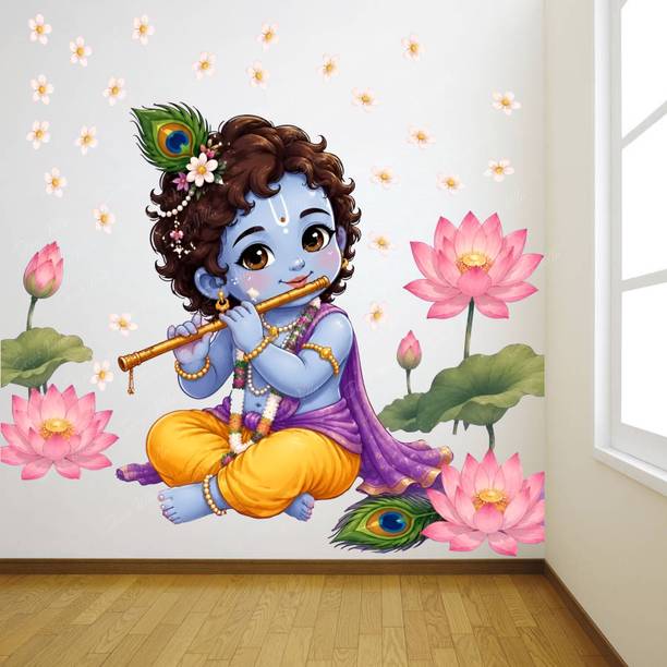Decor Villa 70 cm Cute Bal krishna sticker for wall Playing Flute with Lotus Flowers Size 70X65 cm Removable Sticker