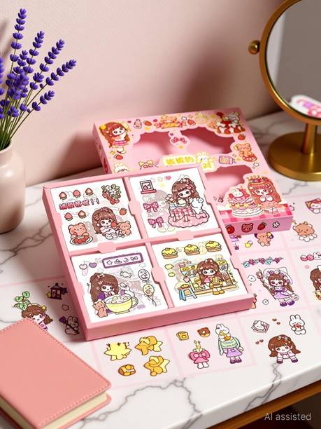 wall1ders 18 cm Cute Kawaii Girl Stickers Set 100 Sheets – Cartoon Decorative Washi Stickers Self Adhesive Sticker