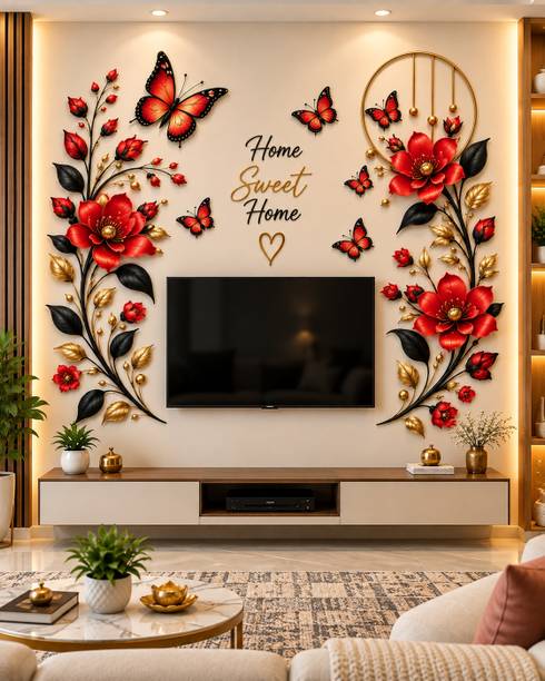 DURGATRADERS 8 inch Red Flower Butterfly Wall Sticker for TV Wall | Modern Home Decor Self Adhesive Sticker