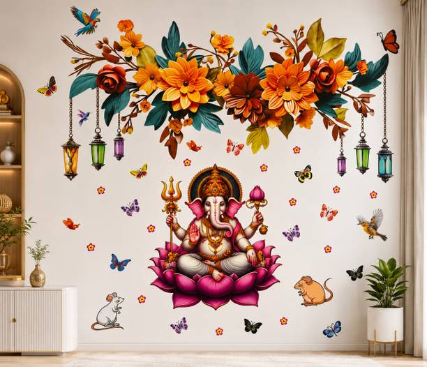 Divine studio 60 cm Divine Ganesha Lotus Wall Decal Floral Ganpati Wall Sticker Wall: 24 x 20.5 Inch Self Adhesive Sticker