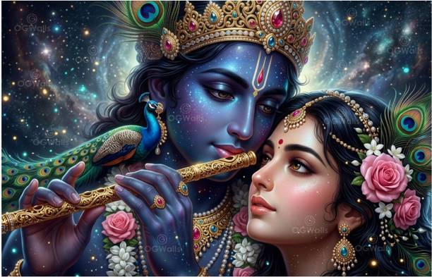 OGWalls 71 cm Radha Krishna Flute Vinyl Wall Sticker For Bedroom,Mandir,Living Room Self Adhesive Sticker