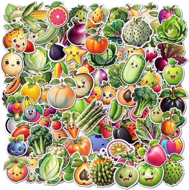 SoFFXia 4.72 cm Kawaii Food Vegetable & Fruit Vinyl Stickers for Bottle & Notebook Reusable Sticker