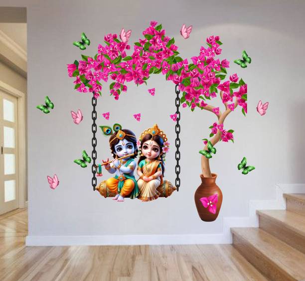 rkdecores 60 cm RK DECOR Cute Little Radha Krishna Flower decorative wall sticker Self Adhesive Sticker