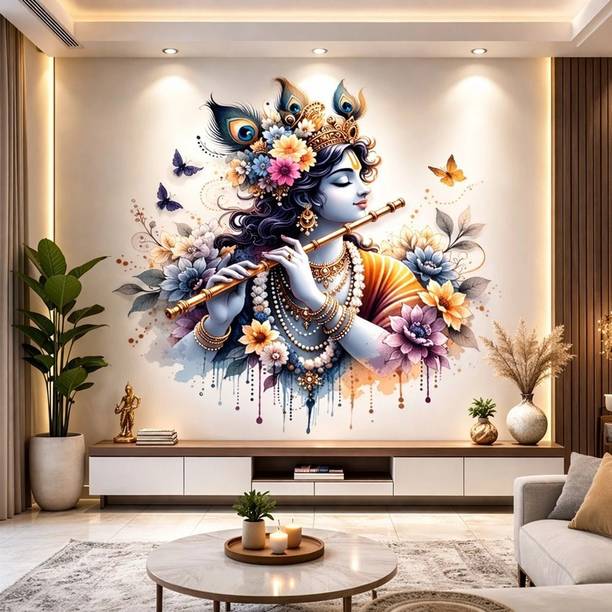TheBlackstone 24 inch 3D Lord Krishna Wall Sticker for Home Decoration Self Adhesive Sticker
