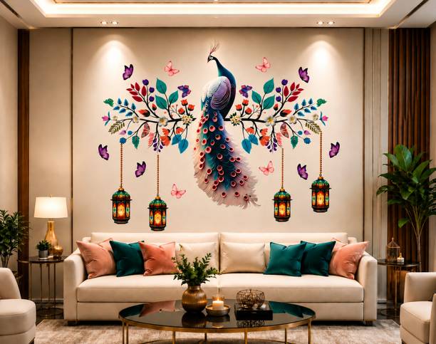 Divine studio 81.1 cm Peacock Wall Sticker Branches Butterflies & Hanging Lanterns (32 x 25.5) Self Adhesive Sticker