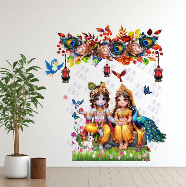 StickyWalls 66 cm Cute Bal Radha Krishna Peacock Feather Arch Sticker for Pooja Room, Mandir Decor Self Adhesive Sticker