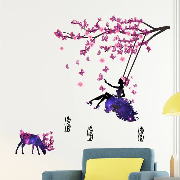 rawpockets 110 cm Angel on Swing with Little Deer and Butterfly Self Adhesive Sticker