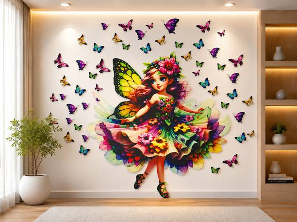 Divine studio 76 cm Fairy Surrounded by Colorful Butterflies in Bright Artistic (30x25) Self Adhesive Sticker