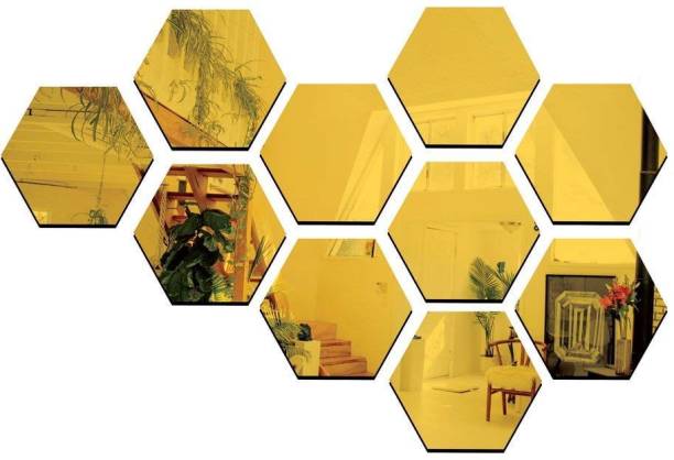 WallBerry 265 cm 10 Hexagon Gold (Size 23 x 26.5) 3D Acrylic Mirror Wall Stickers Self Adhesive Sticker