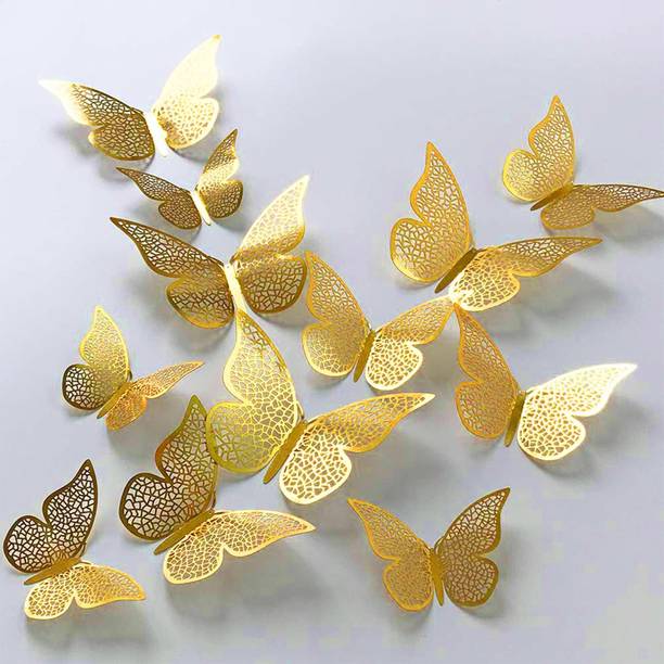 CRIYALE 5 cm 3D Metallic Home Decor Butterfly Shiny Wall Self-Adhesive Sticker Party 12pc Self Adhesive Sticker