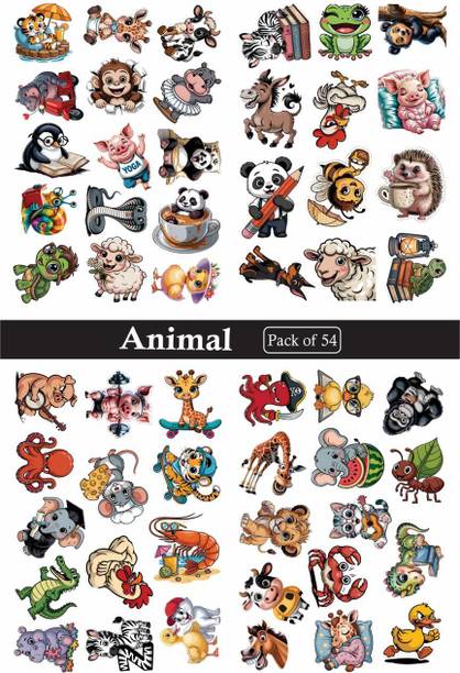 PRINTING DADDY 24 cm CUTE ANIMALS, Vinyl Stickers, Pack of 54-Stickers for kids Self Adhesive Sticker