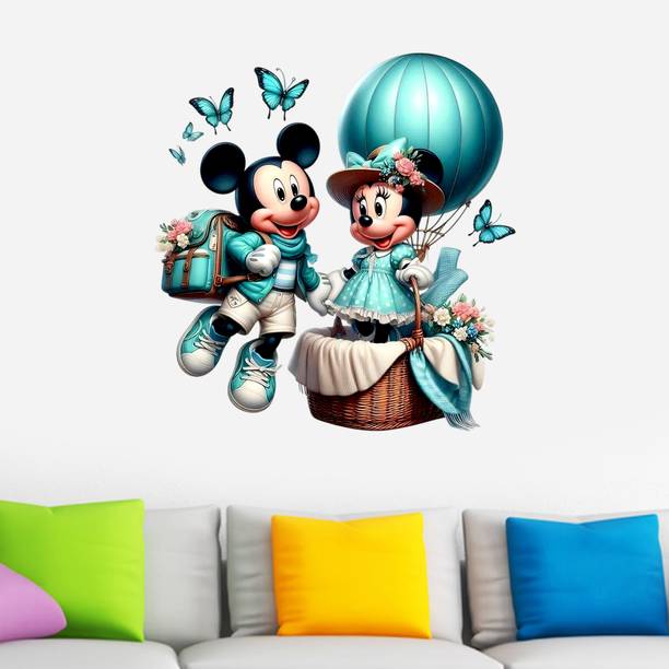 Krishna Sticker 48 cm Mickey Mouse and Minnie Mouse flying in parachute wall sticker Self Adhesive Sticker