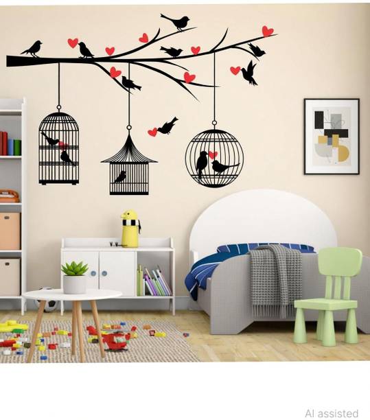 Decoration Stickers 90 cm Birds And Cage Red Heart Wall Sticker to add life to your Walls (Medium)_New Self Adhesive Sticker