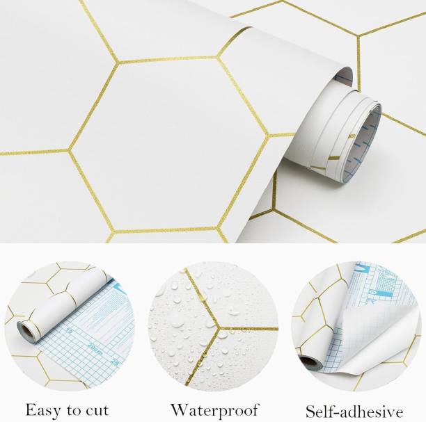 FOKRIM 300 cm white gold hexa wallpaper for wall Waterproof sticker for home 45x300cm Self Adhesive Sticker