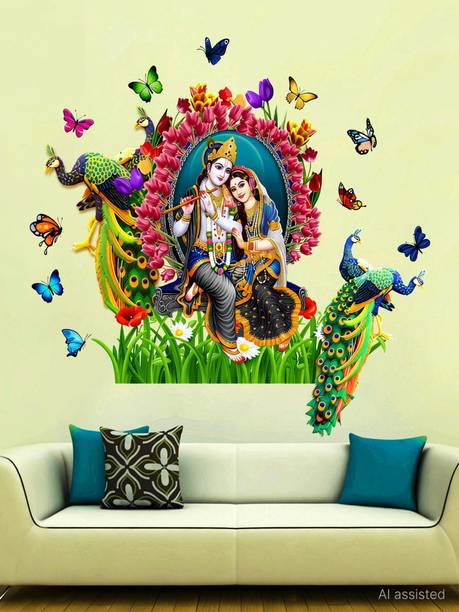 WallHunt 84 cm Radha Krishna Butterfly Peacock wall stickers for bedroom,living,kids room etc Self Adhesive Sticker