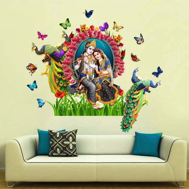 WallHunt 84 cm Radha Krishna Butterfly Peacock wall stickers for bedroom,living,kids room etc Self Adhesive Sticker