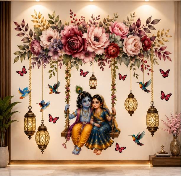 KgnDesigns 40 inch Radha Krishna Premium Jhula Wall Decor Self Adhesive Sticker