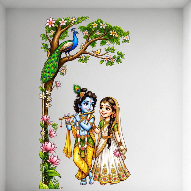 Rahat Prints 48 cm Radha Krishna Standing Decorative Wall Stickers – Glossy Finish Self Adhesive Sticker