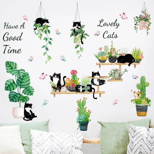 JAAMSO ROYALS 90 cm Green Tropical Plant with Cute Cat Vinyl Kids Room Nursery Wall Sticker Self Adhesive Sticker