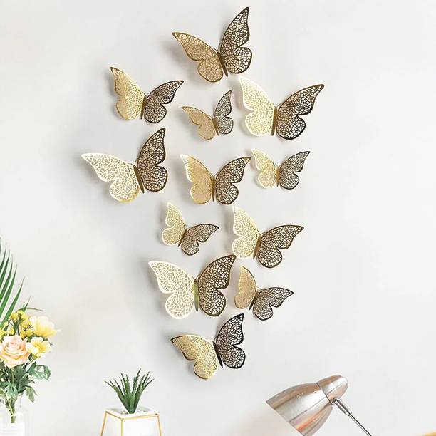 YUJASV 4 cm 3d Metallic Gold Finish Flocked Reusable butterfly wall Sticker Home decoration Double-sided Sticker