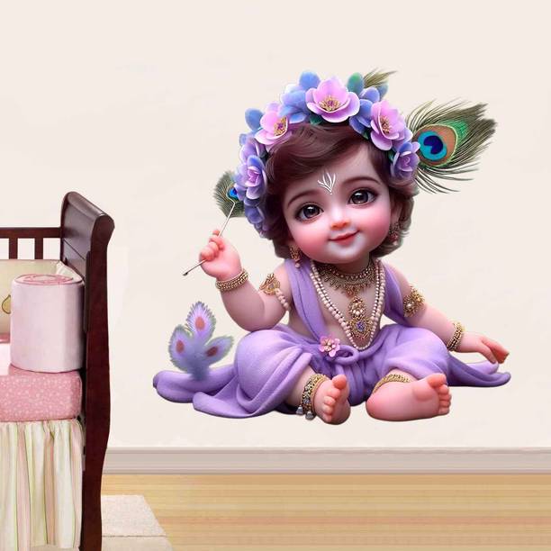 HEAVEN ART 45 cm cute little krishna with feather wall sticker for home & wall decoration Self Adhesive Sticker