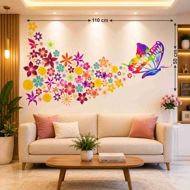 MintAura 110 cm Butterfly & Colorful Flowers Wall Sticker Self Adhesive Sticker