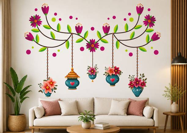 Divine studio 100 cm Flower Planters Elegant Nature Wall Sticker for Living Room Wall: 40 x 28.5 Inch Self Adhesive Sticker