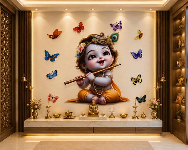 Divine studio 91 cm Cute little Krishna with Beautiful butterfl Wall Sticker ( 61 cm x 67 cm) Self Adhesive Sticker