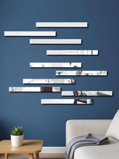 Bikri Kendra 24 cm Strip 10 Silver Mirror sticker for wall, Acrylic Sticker for wall Self Adhesive Sticker