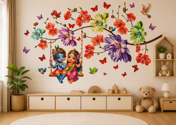 wildartcreation 88.9 cm Radha Krishna on Floral Swing Wall Sticker Living Room Wall: 35 x 22 inch Self Adhesive Sticker