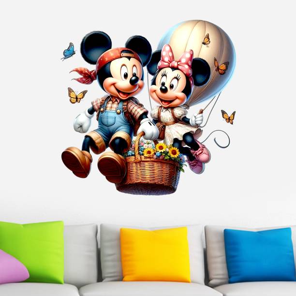 Krishna Sticker 45 cm Mickey Mouse and Minnie Mouse flying in parachute wall sticker Self Adhesive Sticker