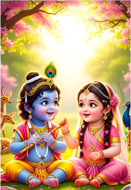 udhaya 50 cm Radha Krishna Kids Cartoon Wall Sticker | Cute Baby Krishna with Radha Self Adhesive Sticker